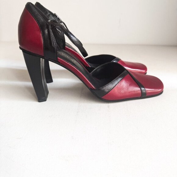 Vintage y2k Red Black Square Toe Leather Heels 8 - Picture 2 of 11